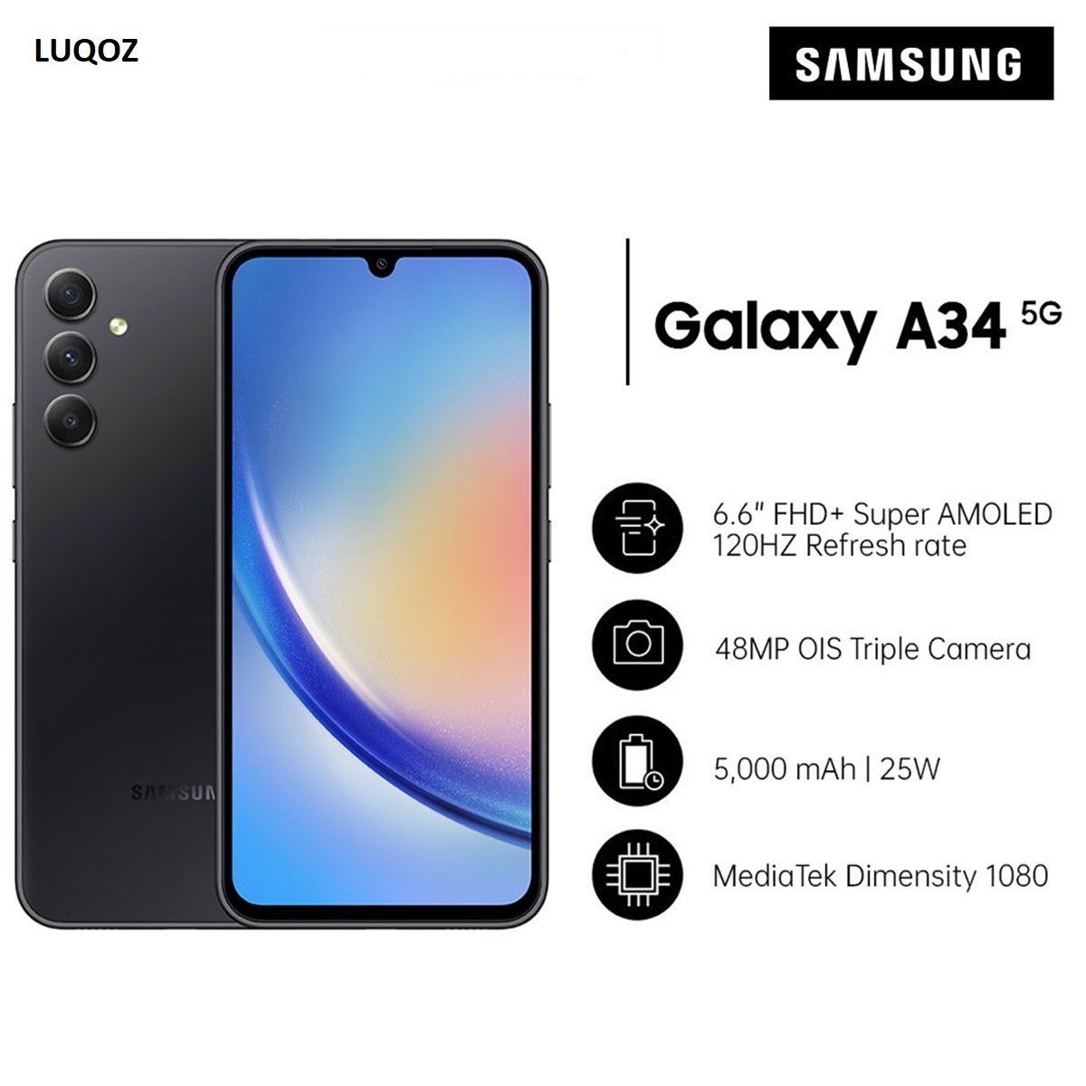 Samsung Galaxy A34 smartphone with sleek design, Super AMOLED display, and advanced triple camera setup.