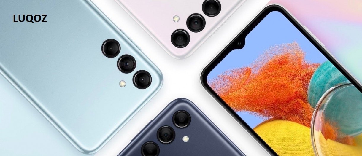Samsung Galaxy M14 smartphone with large display, long-lasting battery, and triple camera setup.