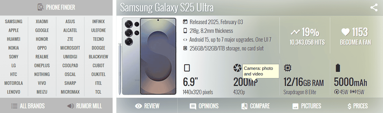 Samsung Galaxy S25 Ultra smartphone with 6.9-inch display, 200MP camera, Snapdragon 8 Lite, 12/16GB RAM, 5000mAh battery, released in February 2025.