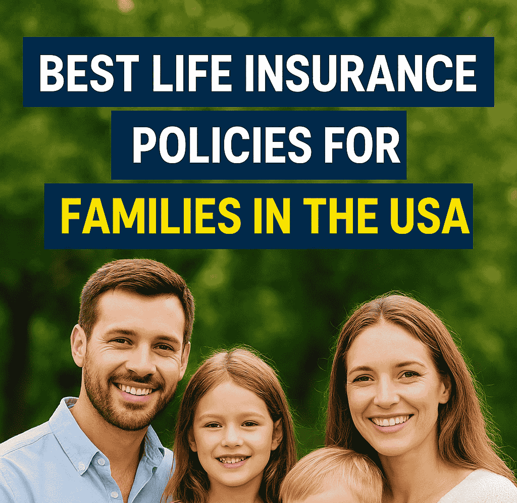 Happy American family of four outdoors, representing financial security with the best life insurance policies for families in the USA.