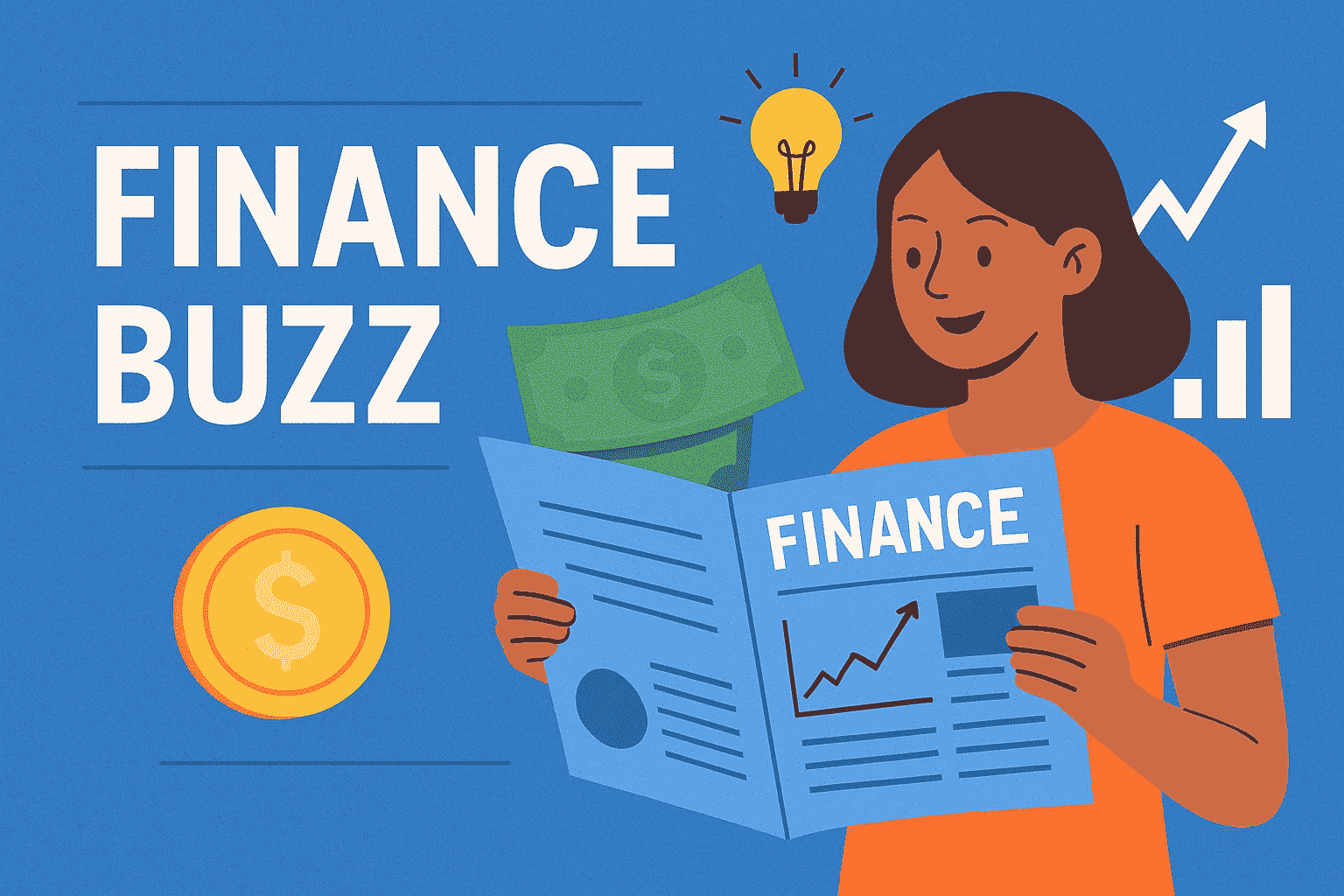 Finance Buzz illustration showing a woman reading financial news with dollar bills, coins, and growth icons, symbolizing money trends in the US, UK, and Canada.
