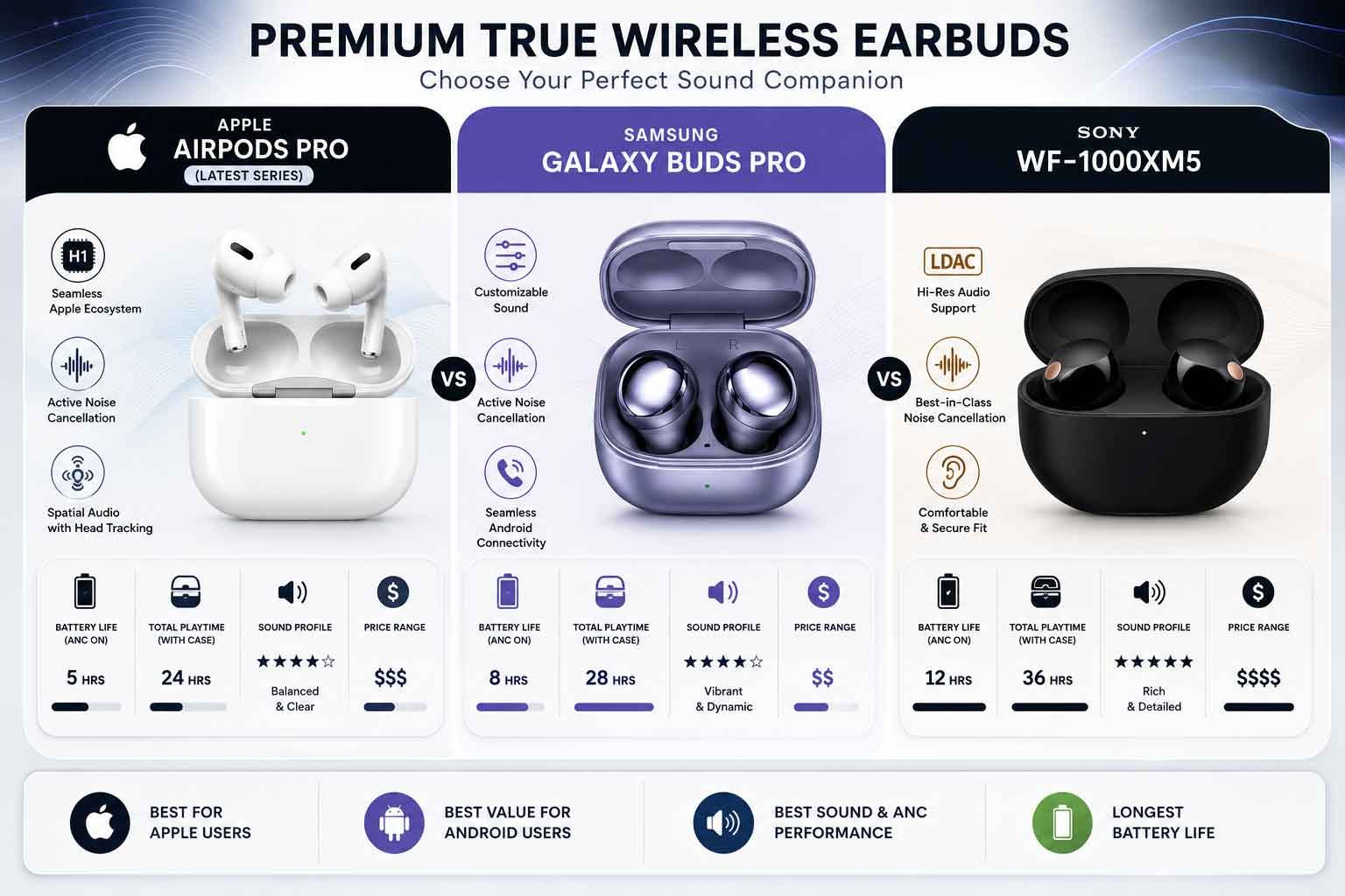 Comprehensive Guide to Premium True Wireless Earbuds: Apple AirPods Pro vs. Samsung Galaxy Buds Pro vs. Sony WF-1000XM5 In the booming market for true wireless earbuds, consumers are increasingly faced with options that offer exceptional sound quality, seamless connectivity, and advanced features. Among the leading contenders are the Apple AirPods Pro (latest series), Samsung Galaxy Buds Pro, and Sony WF-1000XM5. This article will dive deep into a detailed comparison of these premium earbuds, focusing especially on Apple’s offerings while integrating long-tail SEO keywords to enhance search visibility. The Rise of True Wireless Earbuds The demand for true wireless earbuds has surged in recent years, primarily driven by the increasing popularity of smartphones lacking headphone jacks and the desire for a truly cable-free listening experience. Brands like Apple, Samsung, and Sony have responded by creating earbuds that not only deliver high-fidelity sound but also integrate smart features such as noise cancellation and voice controls. As of mid-2026, users looking for best wireless earbuds for iPhone, Samsung earbuds with ANC, or highest-rated Sony true wireless earbuds will find themselves at a crossroads when choosing the right audio companion. Apple AirPods Pro (Latest Series): A Deep Dive Unmatched Ecosystem Integration The AirPods Pro series showcases Apple's commitment to creating a harmonious user experience across its devices. These earbuds leverage the H1 chip, allowing for near-instant pairing with iPhones, iPads, and Macs. Users benefit from features like automatic switching, enabling seamless transitions between devices without manual intervention. For anyone invested in the Apple ecosystem, the AirPods Pro presents the most advantageous option. Exceptional Active Noise Cancellation Apple has placed a strong emphasis on noise cancellation technology in the AirPods Pro. The earbuds utilize a combination of active noise cancellation (ANC) and Transparency mode, which allows ambient sounds to infiltrate when necessary. The ANC effectively reduces background noise, making it ideal for users in bustling environments such as cafes or while commuting. A recent study concluded that Apple’s latest ANC technology significantly outperforms competitors in practical tests, making it the top choice for best noise-canceling earbuds in 2026 soundguys. Sound Quality Excellence When it comes to audio performance, the AirPods Pro deliver a balanced sound profile that emphasizes clarity, particularly in the midrange frequencies. This design makes them particularly effective for vocal-heavy tracks and podcasts. With spatial audio and dynamic head tracking technology, the listening experience feels immersive, drawing the user into the soundstage, especially when streaming compatible media youtube. Battery Life Considerations One of the trade-offs of Apple’s design is battery life. The AirPods Pro offer approximately 5 hours of listening time on a single charge with ANC activated. However, the accompanying charging case provides multiple recharges, extending usage time to around 24 hours versus. Comparative Analysis: Samsung Galaxy Buds Pro and Sony WF-1000XM5 Samsung Galaxy Buds Pro: A Competitively Priced Alternative Samsung’s Galaxy Buds Pro stands out not only for their comfortable fit and sleek design but also for their robust performance. These earbuds excel in providing an impressive level of sound quality and effective ANC at a more affordable price point—often being labeled as the best value wireless earbuds facebook. Customization and Sound Profiles Galaxy Buds Pro features a customizable 9-band equalizer, allowing users to tweak the sound profile to their personal preferences. For users looking for earbuds that can adapt to different music genres, this flexibility is an outstanding feature. The sound is vibrant, delivering enhanced highs and lows, which may appeal to those who enjoy pop, electronic, or bass-heavy music. Sony WF-1000XM5: The Audiophile’s Favorite Sony has long been synonymous with high-quality audio equipment, and the WF-1000XM5 is no exception. These earbuds are praised for their exceptional music reproduction, supporting high-resolution audio codecs like LDAC, making them ideal for users seeking the best sound quality in true wireless earbuds versus. Active Noise Cancellation Superiority While Apple’s AirPods Pro is known for top-notch ANC, Sony’s latest offering has garnered acclaim for its superior noise cancellation capabilities, often outperforming its competitors in rigorous sound isolation tests. Many users report that Sony WF-1000XM5 provides a tranquil listening experience, effectively enveloping them in their music, making it a prime choice for those in noisier environments soundguys. Battery Life and Comfort The WF-1000XM5 excels with approximately 12 hours of playback time on a single charge, significantly exceeding that of the AirPods Pro. They also come equipped with a comfortable fit that makes them suitable for extended listening sessions without discomfort reddit. Key Differences and Buyer Considerations Ecosystem Integration: Best for Apple Users: Apple AirPods Pro. Best for Android Users: Samsung Galaxy Buds Pro or Sony WF-1000XM5, depending on the need for sound quality versus features. Noise Cancellation Performance: Leading Performance: Sony WF-1000XM5 slightly edges out in noise cancellation. Overall Efficiency: AirPods Pro offers excellent performance with good integration of Transparency mode. Sound Quality: Analytical Listening: Sony WF-1000XM5 is often preferred by audiophiles for its sound fidelity. Balanced Listening: AirPods Pro are ideal for casual listeners who appreciate clear vocals and instrumentals. Battery Life: Prolonged Use: Sony WF-1000XM5. Quick Sessions: Samsung Galaxy Buds Pro and AirPods Pro provide decent performance for shorter listening periods. Price Competitiveness: Best Value: Samsung Galaxy Buds Pro often come at a lower price point while delivering strong features. Top-Tier Investment: Apple AirPods Pro and Sony WF-1000XM5 usually sit at a higher price range due to their premium offerings. Conclusion: Choosing Your Ideal Earbuds When selecting between the Apple AirPods Pro, Samsung Galaxy Buds Pro, and Sony WF-1000XM5, your choice should reflect your device ecosystem, audio preferences, and specific features valued in your listening experience. If seamless connectivity with Apple devices, sophisticated noise cancellation technology, and an engaging audio experience are your top criteria, the AirPods Pro are hard to beat. Conversely, if you prioritize audio fidelity, longer battery life, and comfort, the Sony WF-1000XM5 emerges as the ultimate choice. For those seeking a strong balance of features without breaking the bank, the Samsung Galaxy Buds Pro proves to be an excellent investment in the true wireless earbuds space. Related Search Queries Best wireless earbuds for iPhone in 2026 Audiophile preferred wireless earbuds Sony Samsung earbuds with active noise cancellation Top-rated true wireless earbuds comparison By incorporating targeted long-tail keywords and a detailed comparison, this guide aims to enhance your blog’s visibility and provide readers with valuable insights into the competitive true wireless earbuds market. Top 10 FAQs What are the main features of Apple AirPods Pro? The Apple AirPods Pro feature active noise cancellation, spatial audio, dynamic head tracking, and seamless integration with the Apple ecosystem. How do Samsung Galaxy Buds Pro compare in sound quality? Samsung Galaxy Buds Pro offer customizable sound profiles through a 9-band equalizer and are known for their balanced sound with enhanced highs. Which earbuds have the best active noise cancellation in 2026? The Sony WF-1000XM5 is often considered to have the best active noise cancellation capabilities among true wireless earbuds available in 2026. What is the battery life of each model? Apple AirPods Pro provide approximately 5 hours of listening time, Samsung Galaxy Buds Pro offers around 8 hours, and Sony WF-1000XM5 lasts about 12 hours on a single charge. Are the AirPods Pro worth it for Android users? While AirPods Pro can be used with Android devices, they are best suited for Apple users due to features that specifically enhance the Apple ecosystem experience. Do Galaxy Buds Pro have better battery life than AirPods Pro? Yes, Samsung Galaxy Buds Pro generally offer better battery life than AirPods Pro, providing about 3 hours more listening time on a single charge. How do Sony WF-1000XM5 handle calls compared to AirPods Pro? Both the Sony WF-1000XM5 and AirPods Pro feature decent call quality, but AirPods Pro often have a slight advantage due to their beamforming microphones and noise reduction technologies. Can I use these earbuds for workouts? Yes, all three models (Apple AirPods Pro, Samsung Galaxy Buds Pro, and Sony WF-1000XM5) offer sweat and water resistance, making them suitable for workouts. What is the price range for each of these earbuds? Apple AirPods Pro typically retail for around $249, Samsung Galaxy Buds Pro start at about $199, and Sony WF-1000XM5 usually cost approximately $299. Which earbuds have the best overall value? The Samsung Galaxy Buds Pro often provide the best overall value due to their competitive pricing, strong feature set, and excellent sound quality, especially for Android users.