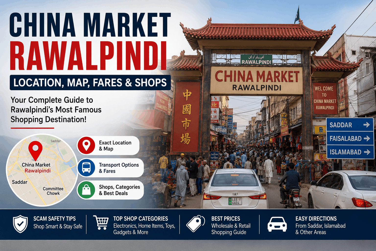 China Market Rawalpindi entrance showing the popular shopping area with location, map, transport fares, and shopping guide for visitors.